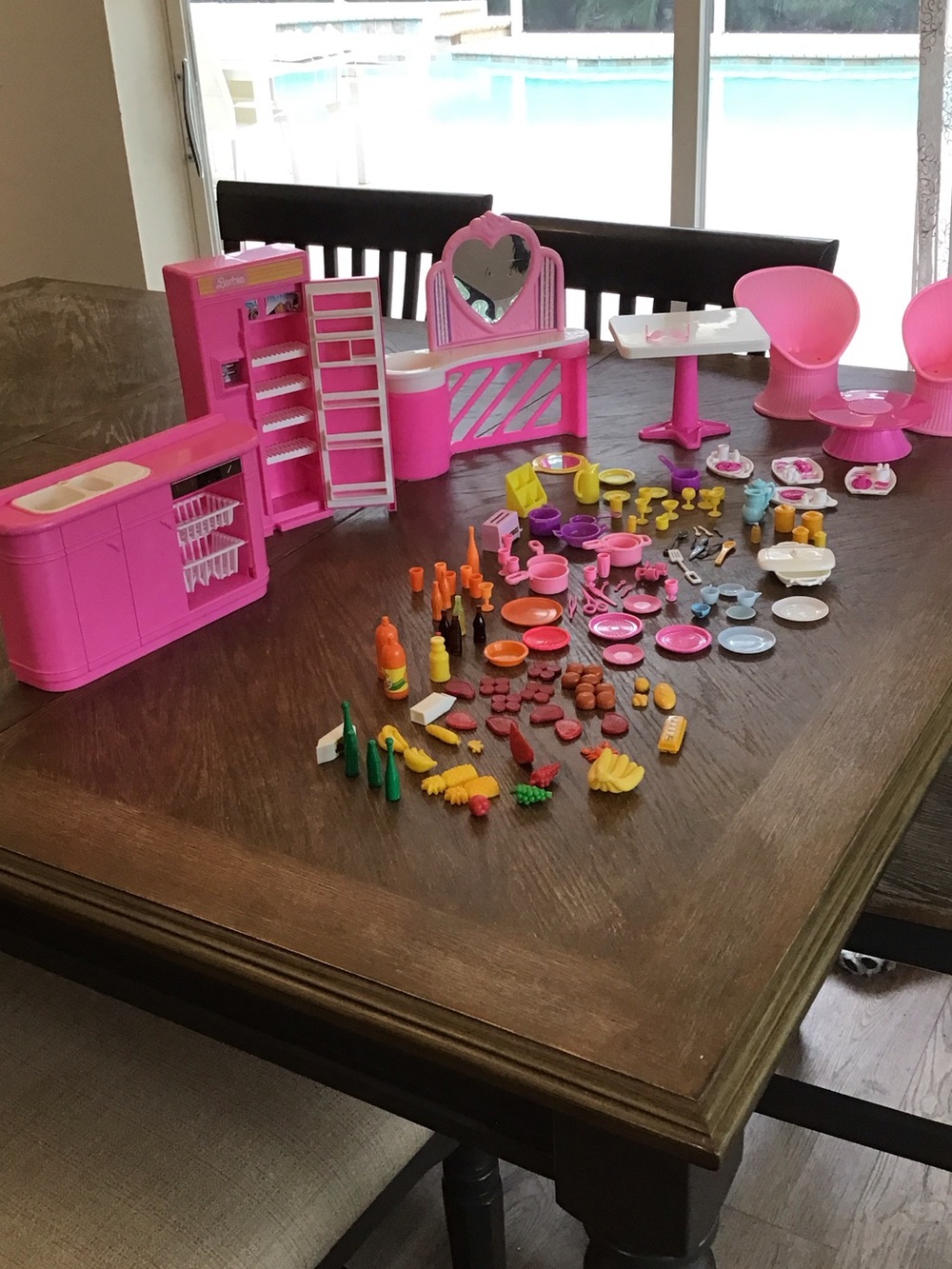 LARGE vintage lot Barbie accessories. Kitchen,table,chairs,vanity, food,dishes+!